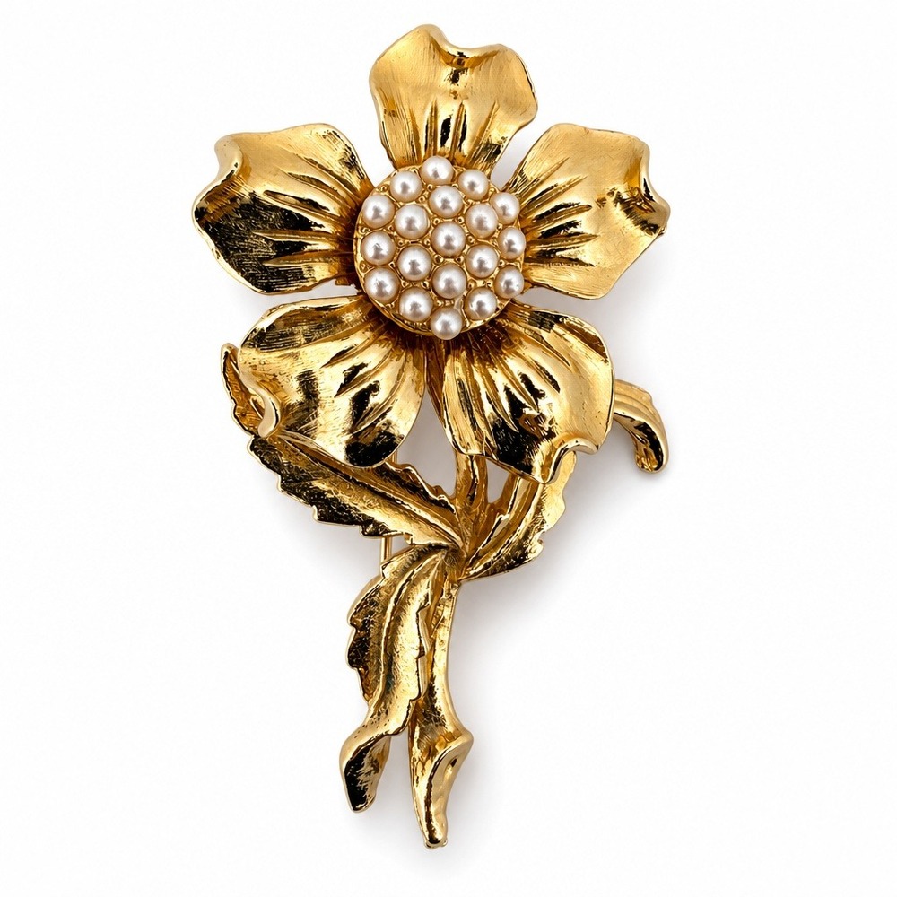 Vintage Marcel Boucher Gold Tone Flower Brooch Faux Pearl Cluster Signed 1960s